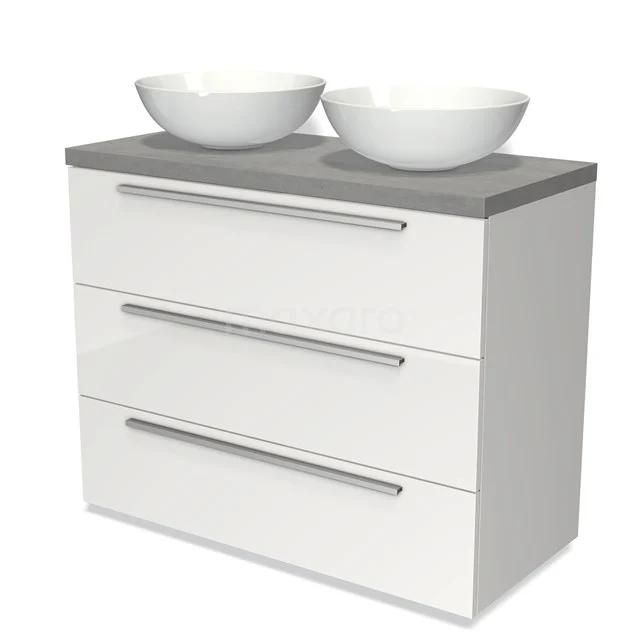 Modulo Plato Vanity units for countertop basin | 100 cm High-gloss white Flat front Light grey concrete worktop 3 drawers BMK19-00545