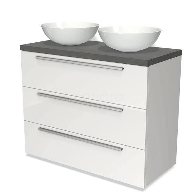 Weißes Badezimmermöbel mit drei Schubladen, grauer Steinplatte und zwei weißen Aufsatzwaschbecken, modernes Design für funktionale Bäder.