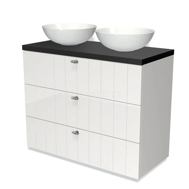 Modulo Plato Vanity units for countertop basin | 100 cm High-gloss white Slat front Matte black worktop 3 drawers BMK19-00547 White modern bathroom unit with black top, including two round vanity units for countertop wash basins, suitable for stylish bathrooms.