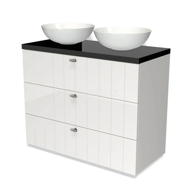 Modulo Plato Vanity units for countertop basin | 100 cm High-gloss white Slat front High-gloss black worktop 3 drawers BMK19-00552 White bathroom unit with black worktop and double round countertop wash basins, modern style, ideal for a stylish bathroom.
