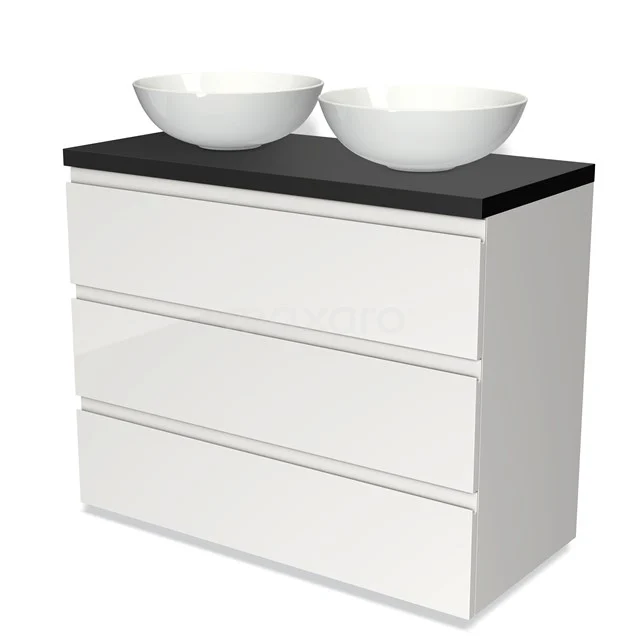 Modulo Plato Badmöbel mit Aufsatzwaschbecken | 100 cm Hochglanz Weiß Grifflos front Matt Schwarz blatt 3 Schubladen BMK19-00561 Weißes Badmöbel mit schwarzer Platte, doppeltem Aufsatzwaschbecken und drei Schubladen, elegantes Design für moderne Bäder.