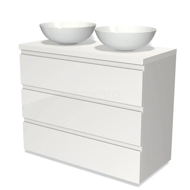 Weiße Badmöbelset mit zwei runden Aufsatzwaschbecken, elegantes Design, aus hochwertigem Material mit grifflosen Schubladen.