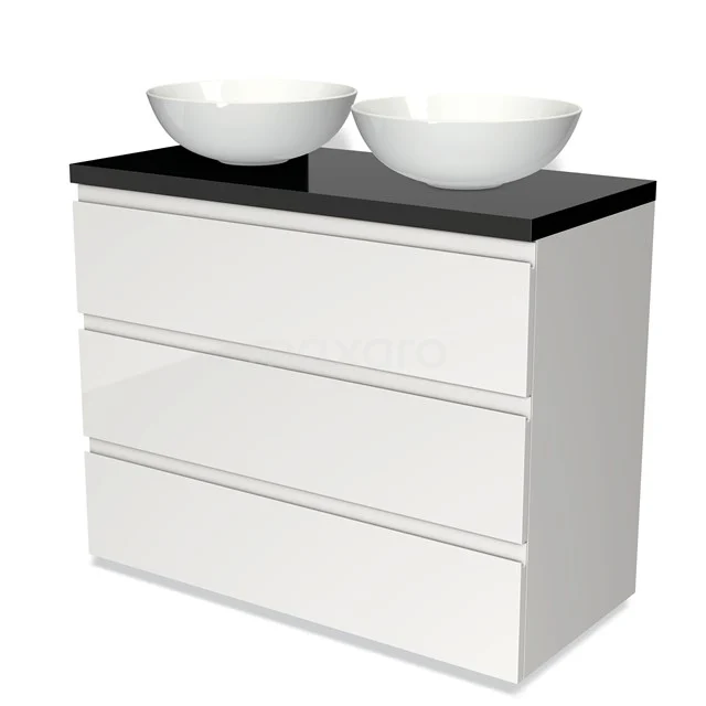 Weißes Badezimmermöbel mit schwarzer Oberplatte, doppelten runden Waschbecken und drei Schubladen, modernes Design.