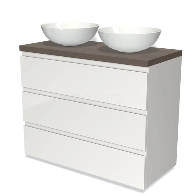 Weißes Badmöbel mit drei Schubladen, Holzplatte und zwei runden Waschbecken; schnittiges und modernes Design für jeden Badezimmerstil.