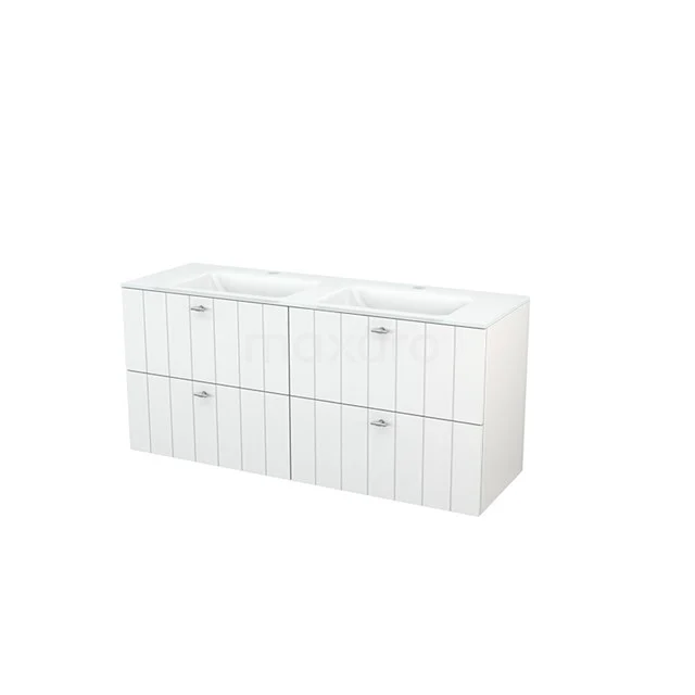 White bathroom unit with double basin, four drawers and modern chrome handles, ideal for sleek bathroom design.
