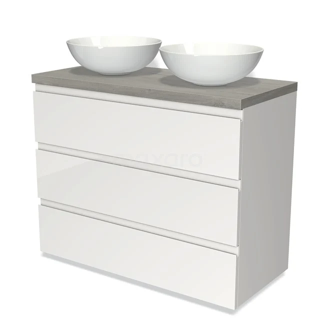 Modulo Plato Vanity units for countertop basin | 100 cm High-gloss white Handle-less front Grey oak worktop 3 drawers BMK19-00572