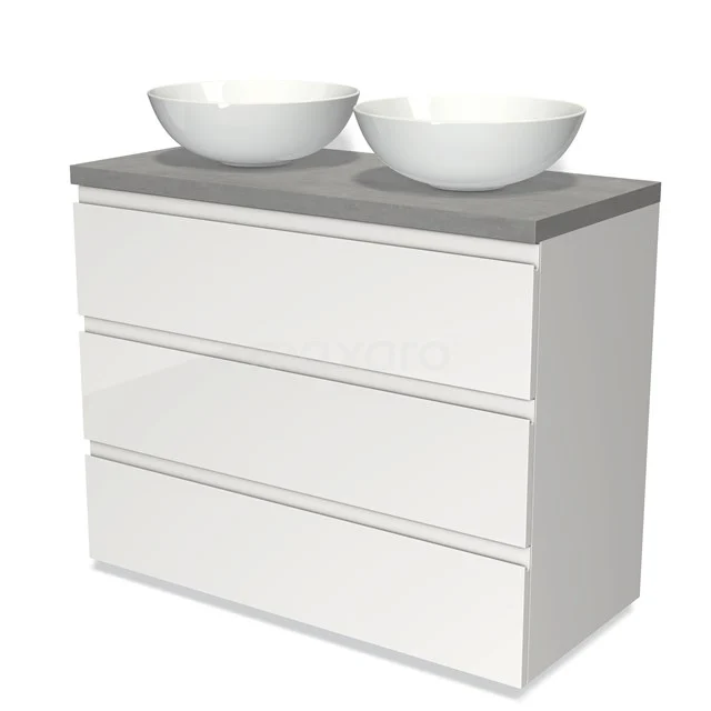 Modulo Plato Vanity units for countertop basin | 100 cm High-gloss white Handle-less front Light grey concrete worktop 3 drawers BMK19-00573