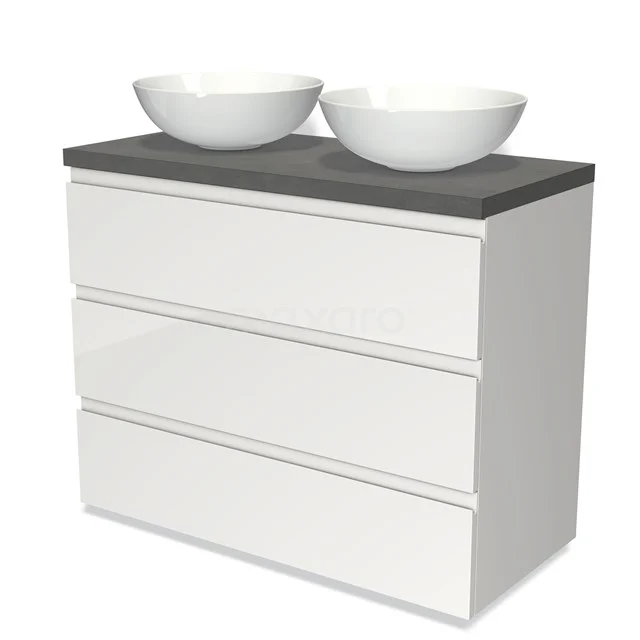 Modulo Plato Badmöbel mit Aufsatzwaschbecken | 100 cm Hochglanz Weiß Grifflos front Dunkelgrauer Beton blatt 3 Schubladen BMK19-00574 Weißes Badezimmermöbel mit drei Schubladen, grauer Steinplatte und zwei runden Aufsatzwaschbecken, ideal für ein modernes Badezimmer.