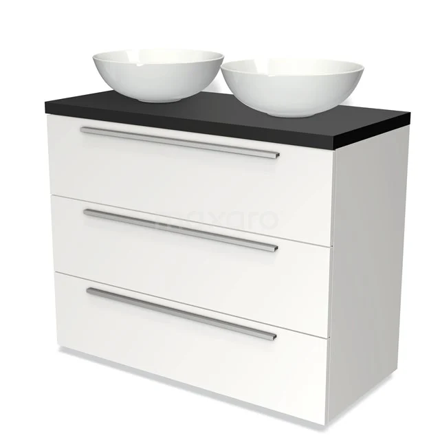 Weißes schwebendes Badezimmermöbel mit schwarzer Oberfläche, doppelten schalenförmigen Waschbecken, drei Schubladen und modernem Design.