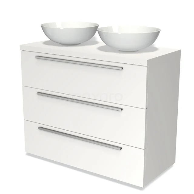 Weißes Badezimmermöbel mit drei Schubladen und doppelten weißen Schalen, modernes Design und geeignet für moderne Bäder.