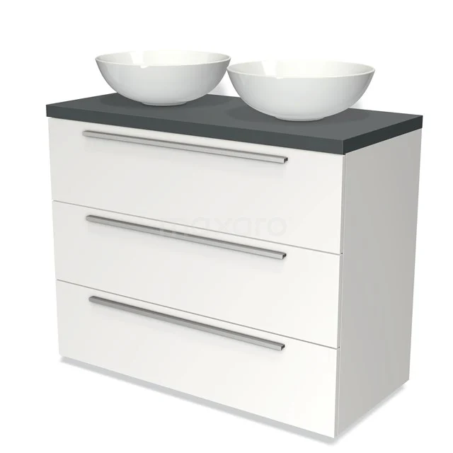 Badmöbel für Waschtischunterschrank mit Konsole 100cm Modulo Plato Matt Weiß 3 Schubladen Flach Dunkelgrau Platte BMK19-00579 Weißes Badezimmermöbel mit schwarzer Platte und zwei runden Waschbecken, minimalistisches Design und schlichte Metall-Haltegriffe.