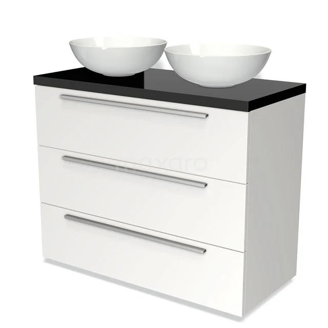 Weiße Badschrank mit schwarzer Platte und Doppelwaschbecken, modernes Design mit drei Schubladen und rostfreien Griffen.