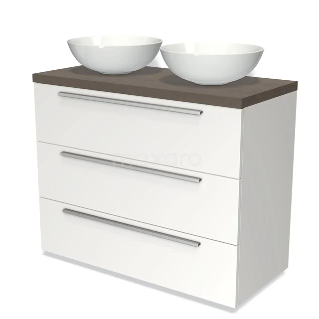 Weiße Badmöbelset mit Holzplatte, doppelten Aufsatzwaschbecken und drei Schubladen, ideal für stilvolle und praktische Badezimmer.