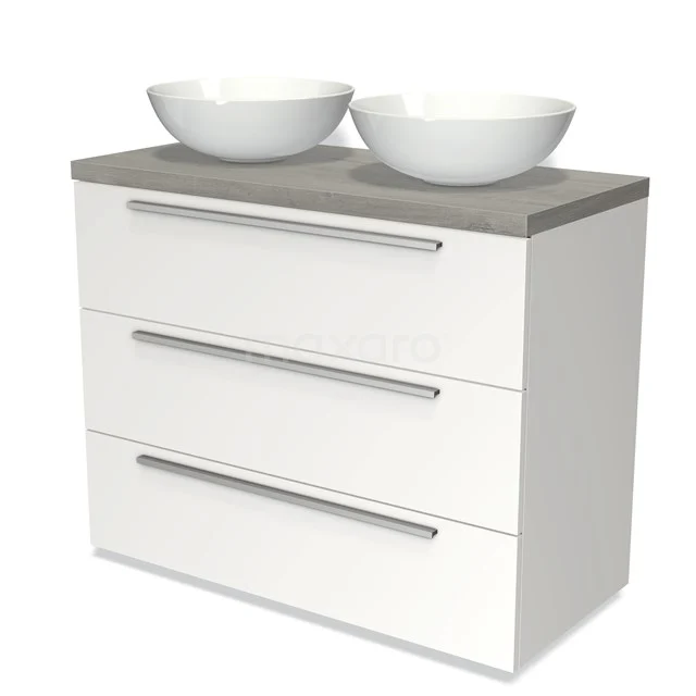Modulo Plato Vanity units for countertop basin | 100 cm Matte white Flat front Grey oak worktop 3 drawers BMK19-00586