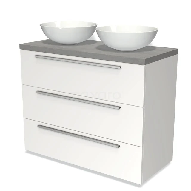 Modulo Plato Vanity units for countertop basin | 100 cm Matte white Flat front Light grey concrete worktop 3 drawers BMK19-00587