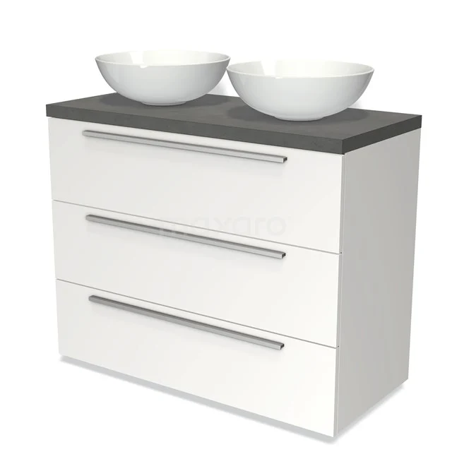 Weißes Badmöbel mit drei Schubladen, Dunkelgrau Platte und doppelten runden Waschbecken, ideal für moderne Bäder.