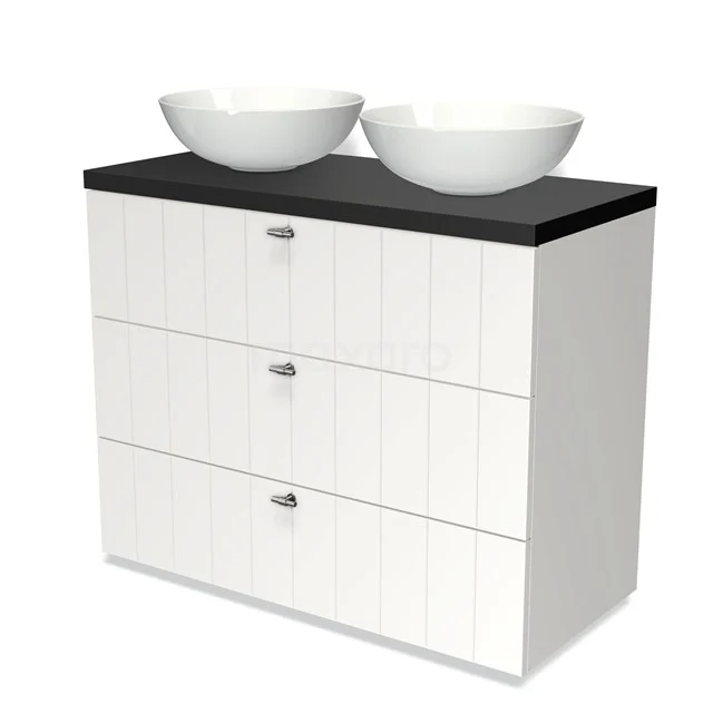 Modulo Plato Badmöbel mit Aufsatzwaschbecken | 100 cm Matt Weiß Lamelle front Matt Schwarz blatt 3 Schubladen BMK19-00589 Weißes Badezimmermöbel mit schwarzer Arbeitsplatte, doppelten runden Waschbecken und drei Schubladen; modernes Design und praktischer Stauraum.