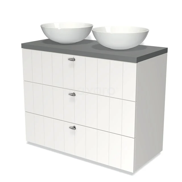 Modulo Plato Vanity units for countertop basin | 100 cm Matte white Slat front Mid grey worktop 3 drawers BMK19-00590 White bathroom furniture set with double countertop wash basin, grey worktop and three drawers, ideal for modern bathroom design.