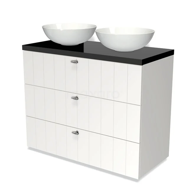 White bathroom cabinet with black top and double round basins, modern design and three handleless drawers.