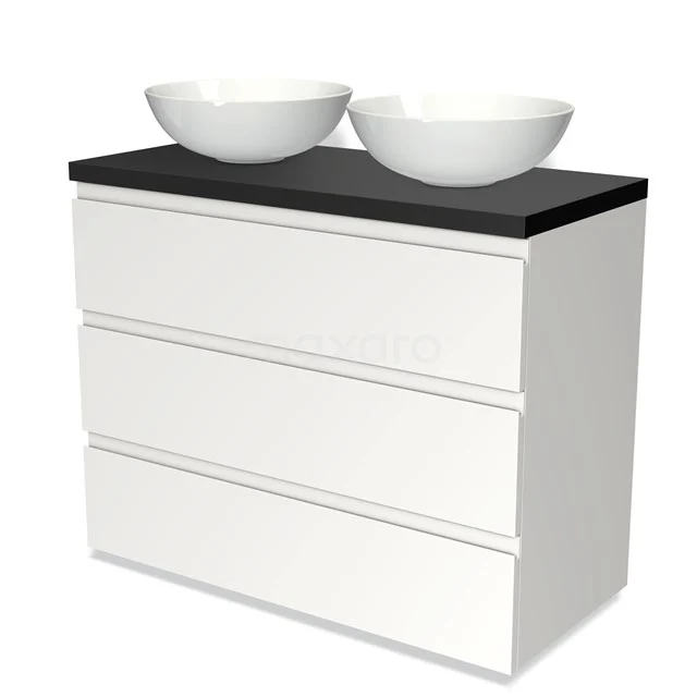 Weißer Badschrank mit schwarzer Platte und doppelten Aufsatzwaschbecken, moderner Stil, ideal für eine stilvolle Badezimmer Einrichtung.