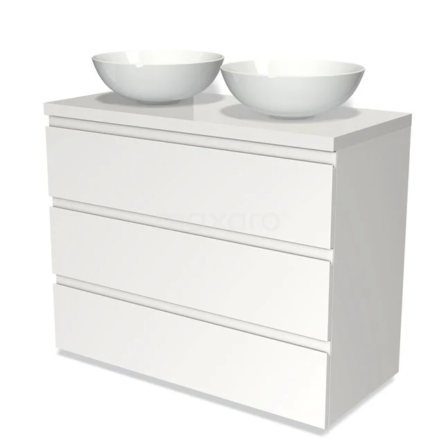 Weißes Badezimmermöbel mit drei Schubladen und doppelten runden Aufsatzwaschbecken, modernes Design, ideal für stilvolle Badezimmerlagerung.