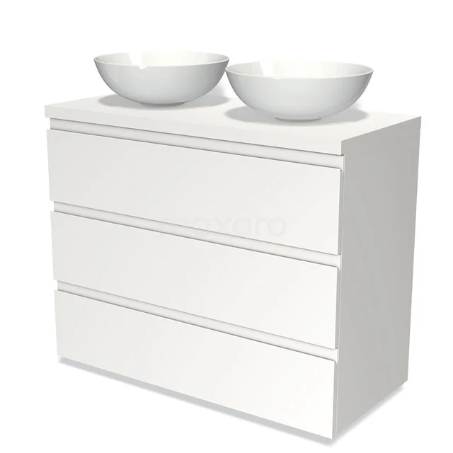 Weiße Badmöbelset mit doppelten Aufsatzwaschbecken, schlankem Design und drei Schubladen für optimalen Stauraum.