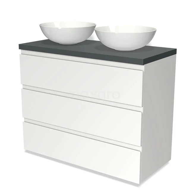 Modulo Plato Vanity units for countertop basin | 100 cm Matte white Handle-less front Dark grey worktop 3 drawers BMK19-00607