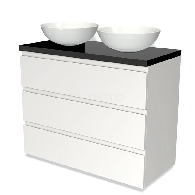 Weiße Badmöbel mit schwarzer Platte, doppelte runde Aufsatzwaschbecken, modernes Design, perfekt für eine stilvolle Badezimmer Einrichtung.