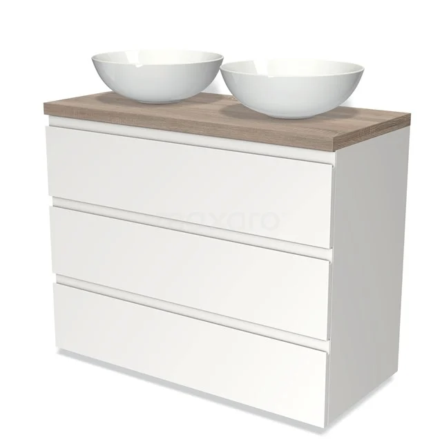 Modulo Plato Vanity units for countertop basin | 100 cm Matte white Handle-less front Oak worktop 3 drawers BMK19-00609