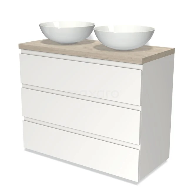 Modulo Plato Vanity units for countertop basin | 100 cm Matte white Handle-less front Light grey oak worktop 3 drawers BMK19-00610