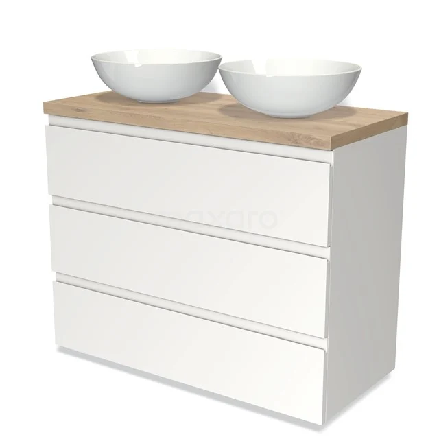 Modulo Plato Vanity units for countertop basin | 100 cm Matte white Handle-less front Light brown oak worktop 3 drawers BMK19-00611
