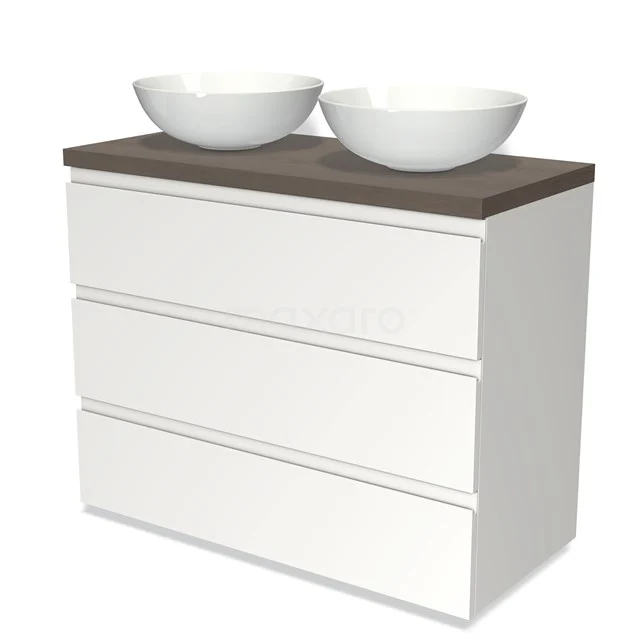Weißes Badezimmermöbel mit grauer Holzplatte und zwei keramischen Aufsatzwaschbecken, modernes Design mit drei Schubladen.