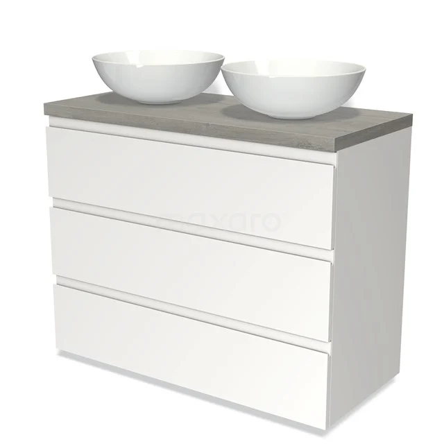 Modulo Plato Vanity units for countertop basin | 100 cm Matte white Handle-less front Grey oak worktop 3 drawers BMK19-00614