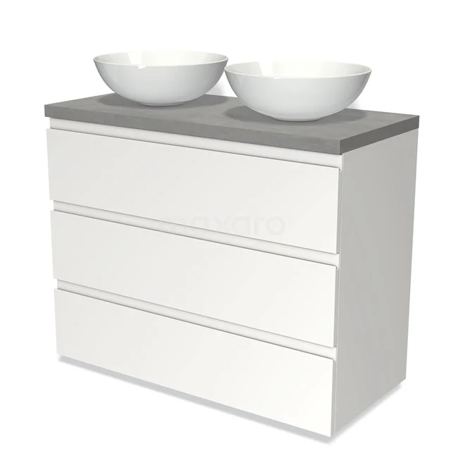 Modulo Plato Vanity units for countertop basin | 100 cm Matte white Handle-less front Light grey concrete worktop 3 drawers BMK19-00615