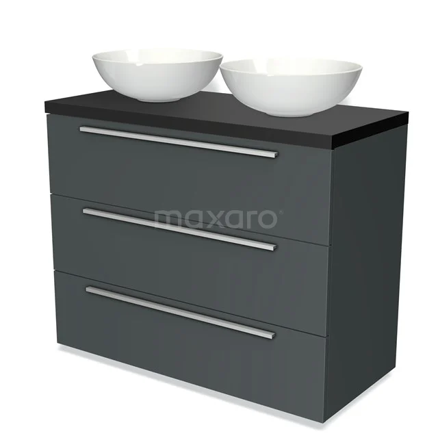 Dunkelgraue Badmöbel mit schwarzer Platte und zwei weißen keramischen Aufsatzwaschbecken, modernes Design mit klaren Schubladen.