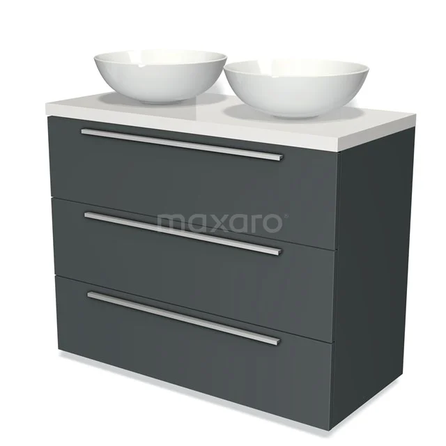 Grauer Badschrank mit drei Schubladen und doppelten weißen Aufsatzwaschbecken, modernes Design, ideal für stilvolle Badezimmerlagerung.