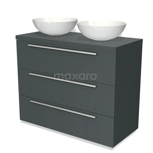 Dunkelgrau Badmöbel mit doppelten weißen Aufsatzwaschbecken, modernes Design und schlichte metallene Haltegriffe.