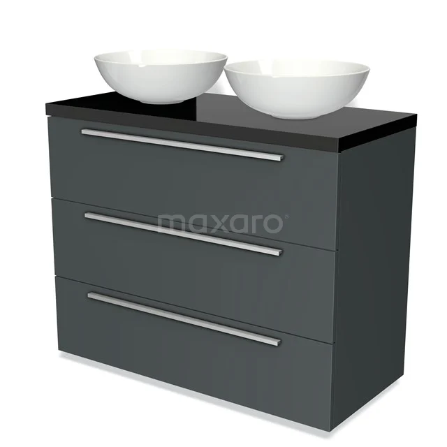 Modulo Plato Vanity units for countertop basin | 100 cm Dark grey Flat front High-gloss black worktop 3 drawers BMK19-00622