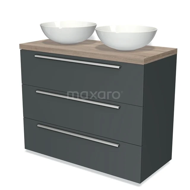 Modulo Plato Vanity units for countertop basin | 100 cm Dark grey Flat front Oak worktop 3 drawers BMK19-00623