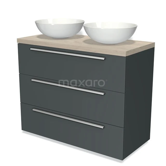Modulo Plato Vanity units for countertop basin | 100 cm Dark grey Flat front Light grey oak worktop 3 drawers BMK19-00624