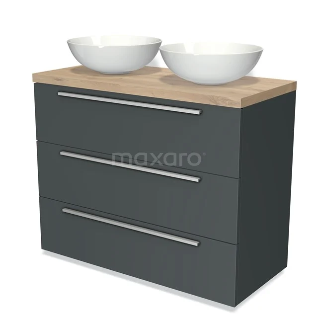 Grauer Badschrank mit Holzplatte, zwei weißen Waschbecken und drei Schubladen; modernes Design für stilvolle Badezimmerlagerung.