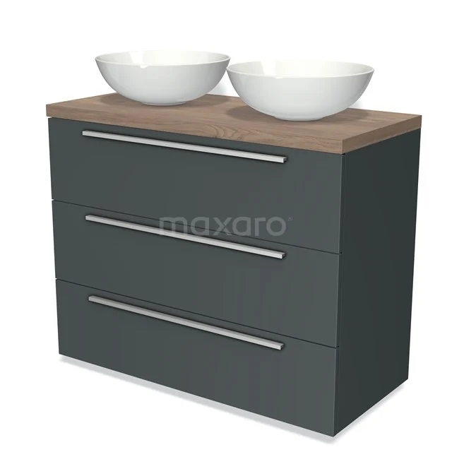 Modulo Plato Vanity units for countertop basin | 100 cm Dark grey Flat front Mid brown oak worktop 3 drawers BMK19-00626