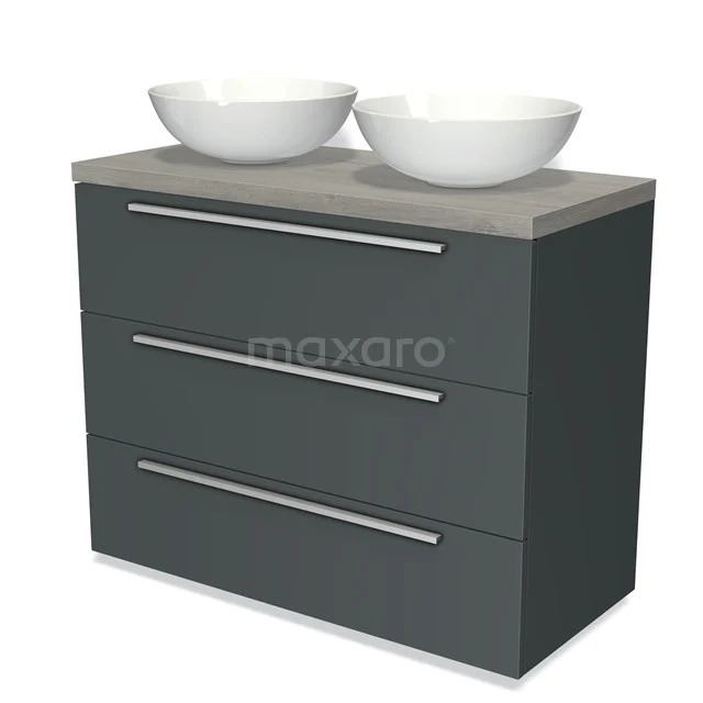 Modulo Plato Vanity units for countertop basin | 100 cm Dark grey Flat front Grey oak worktop 3 drawers BMK19-00628