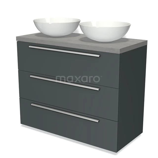 Modulo Plato Vanity units for countertop basin | 100 cm Dark grey Flat front Light grey concrete worktop 3 drawers BMK19-00629
