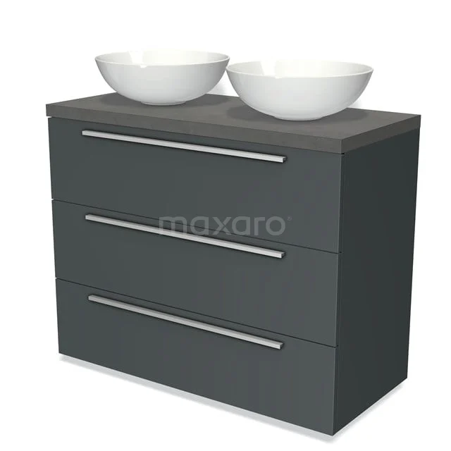 Doppelwaschbecken mit mattem grauen schwebenden Badmöbel, drei Schubladen und weißen Keramikkommen, ideal für moderne Bäder.