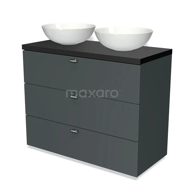 Modulo Plato Badmöbel mit Aufsatzwaschbecken | 100 cm Dunkelgrau Lamelle front Matt Schwarz blatt 3 Schubladen BMK19-00631 Dunkelgraue Badmöbelset mit doppelten Aufsatzwaschbecken, matt schwarzer Platte und drei Schubladen, modernes Design.