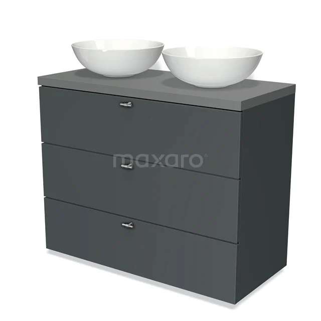 Modulo Plato Vanity units for countertop basin | 100 cm Dark grey Slat front Mid grey worktop 3 drawers BMK19-00632