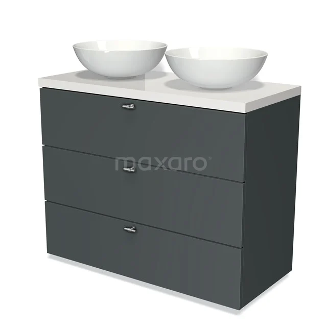Modulo Plato Vanity units for countertop basin | 100 cm Dark grey Slat front High-gloss white worktop 3 drawers BMK19-00633