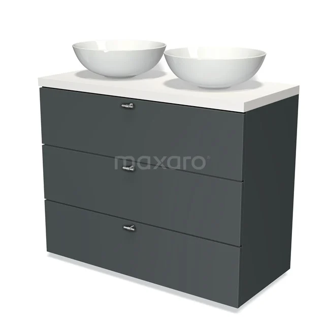 Modulo Plato Vanity units for countertop basin | 100 cm Dark grey Slat front Matte white worktop 3 drawers BMK19-00634