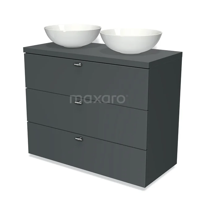 Badmöbel für Waschtischunterschrank mit Konsole 100cm Modulo Plato Dunkelgrau 3 Schubladen Slat BMK19-00635 Grauer Badschrank mit drei Schubladen und doppelten weißen Waschbecken, modernes Design und langlebige Verarbeitung.